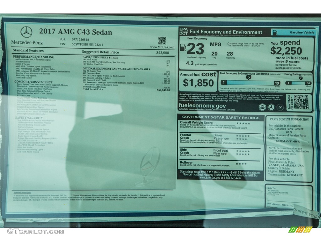 2017 Mercedes-Benz C 43 AMG 4Matic Sedan Window Sticker Photo #116965186