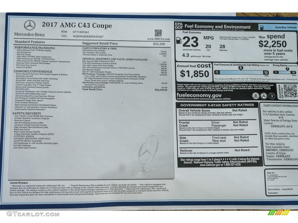2017 Mercedes-Benz C 43 AMG 4Matic Coupe Window Sticker Photo #116967157