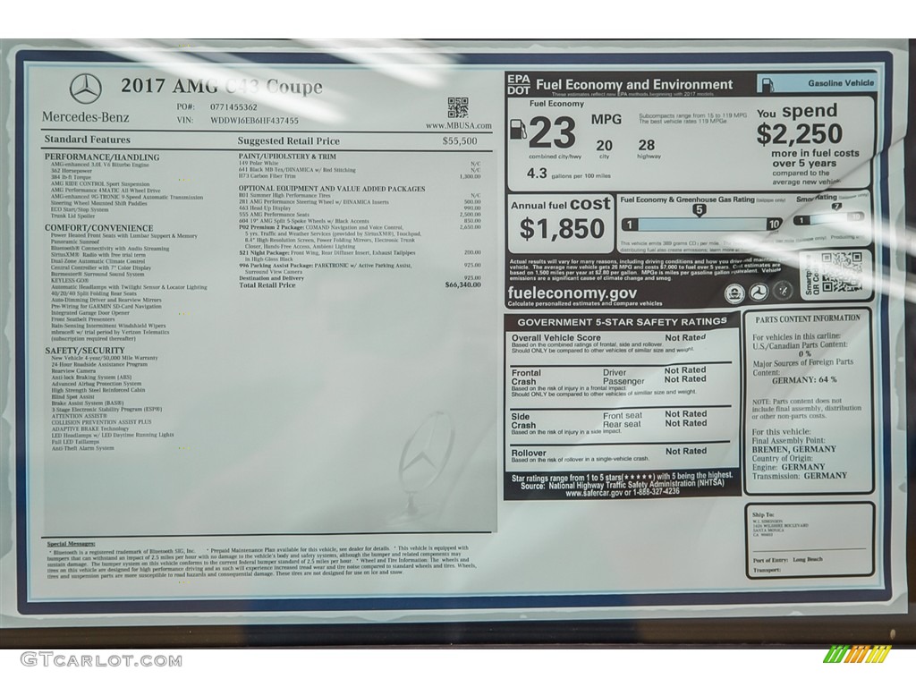 2017 Mercedes-Benz C 43 AMG 4Matic Coupe Window Sticker Photo #116967751