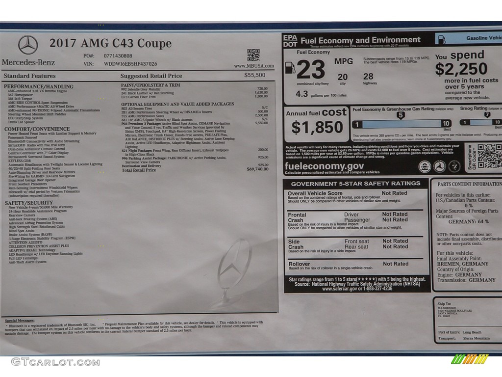 2017 Mercedes-Benz C 43 AMG 4Matic Coupe Window Sticker Photo #116967979