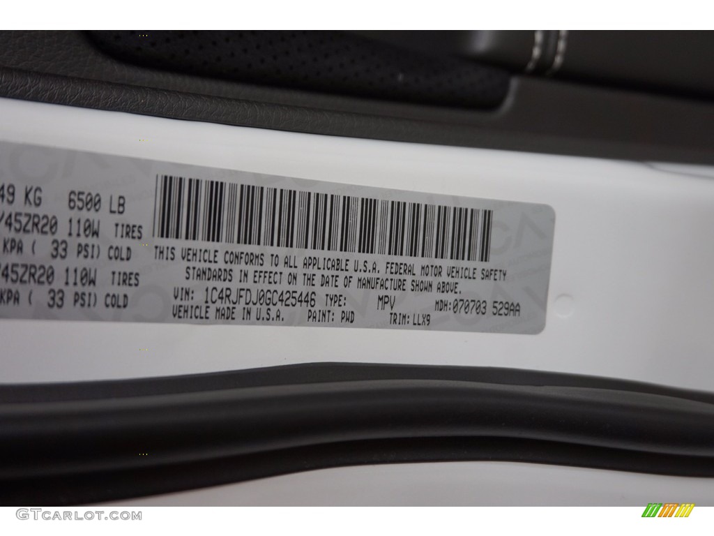 2016 Grand Cherokee Color Code PWD for Ivory 3-Coat Photo #117000140