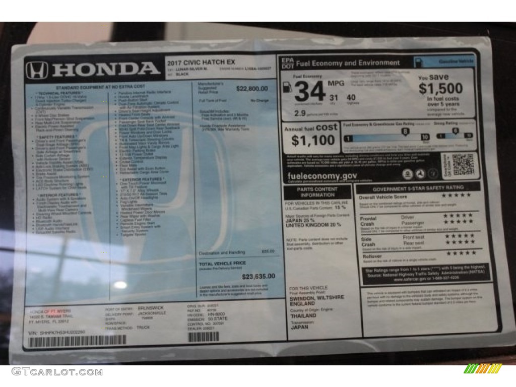 2017 Honda Civic EX Hatchback Window Sticker Photo #117023198