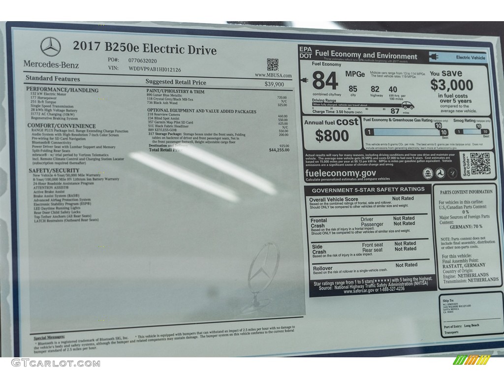 2017 Mercedes-Benz B 250e Window Sticker Photo #117030599