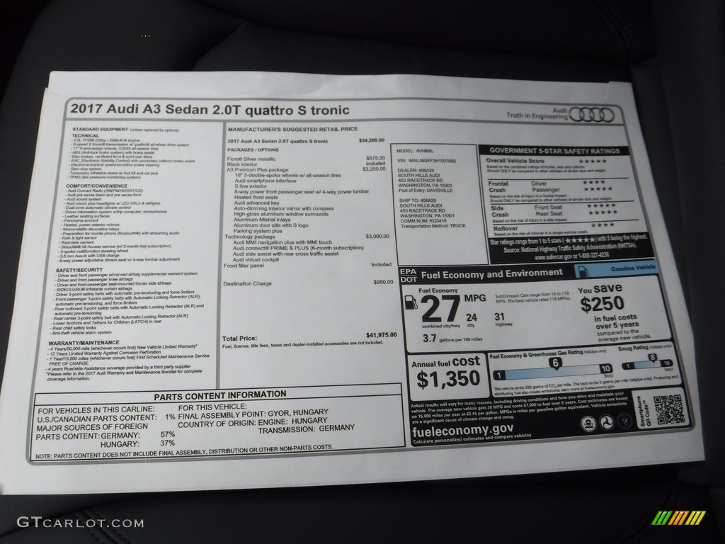 2017 Audi A3 2.0 Premium quttaro Window Sticker Photo #117076704