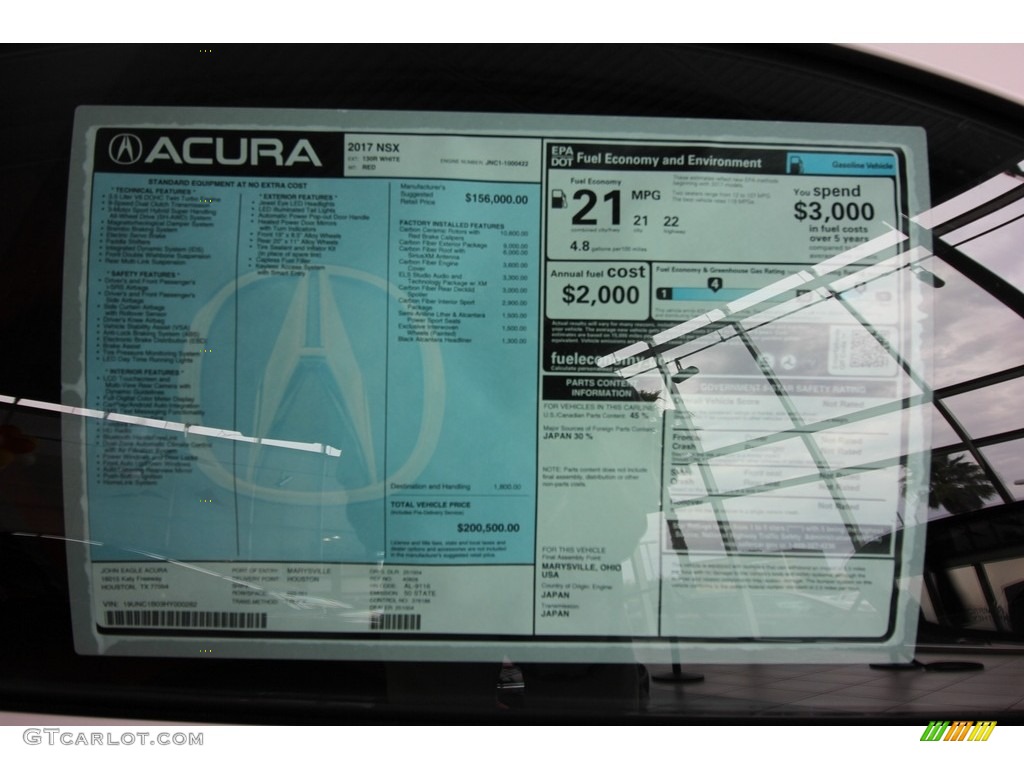 2017 Acura NSX Standard NSX Model Window Sticker Photo #117127786