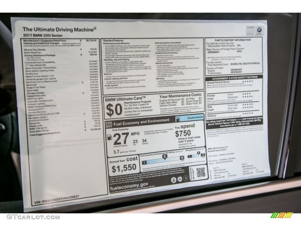 2017 3 Series 330i Sedan - Mineral Grey Metallic / Black photo #11