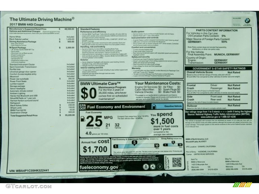 2017 BMW 4 Series 440i Coupe Window Sticker Photo #117184201