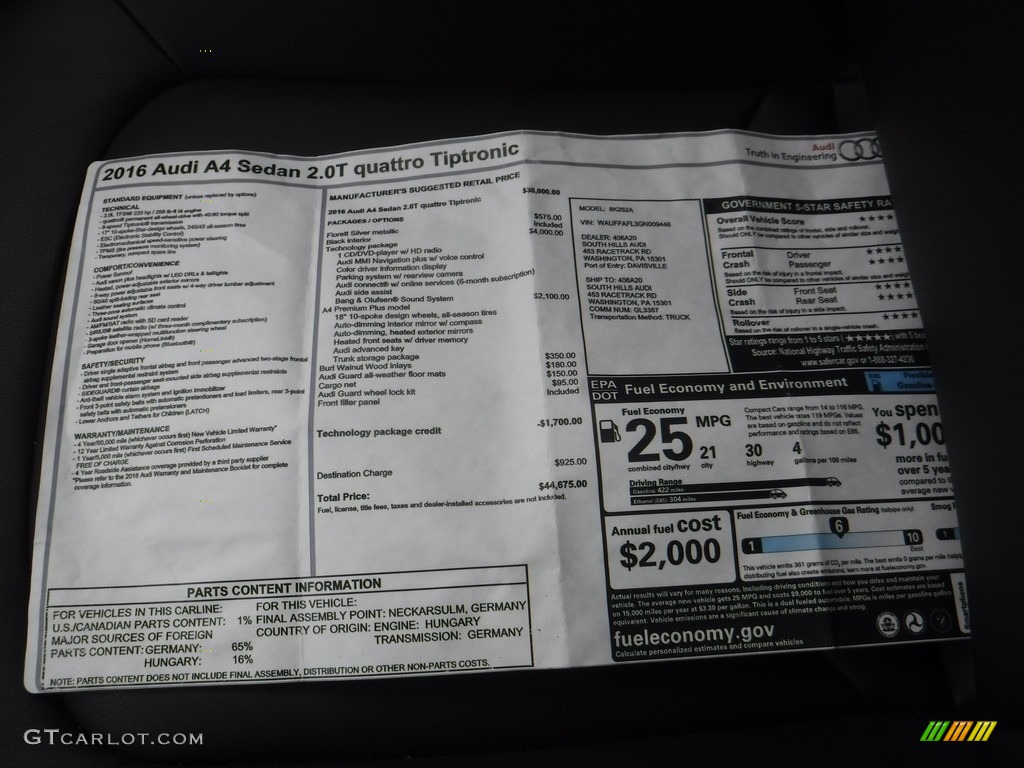 2016 A4 2.0T Premium quattro - Florett Silver Metallic / Black photo #38