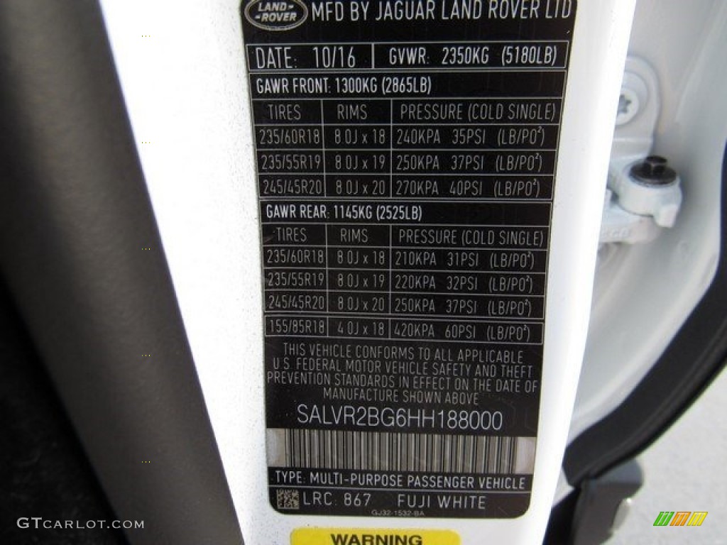 2017 Range Rover Evoque Color Code 867 for Fuji White Photo #117194626