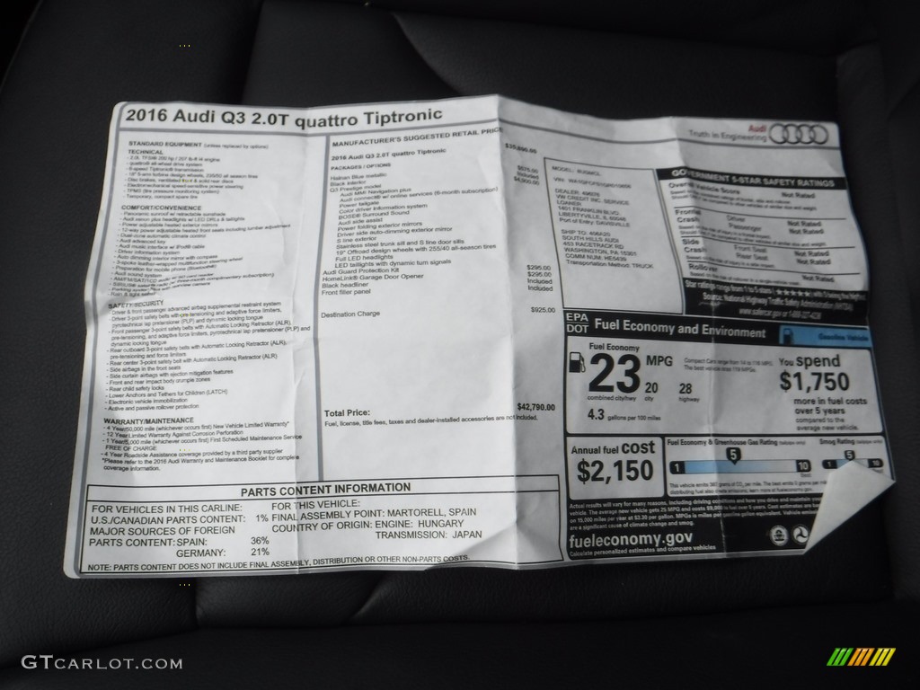 2016 Audi Q3 2.0 TSFI Prestige quattro Window Sticker Photos