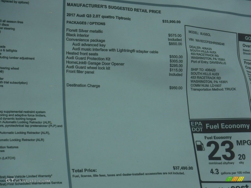 2017 Audi Q3 2.0 TFSI Premium Plus quattro Info Tag Photo #117196327