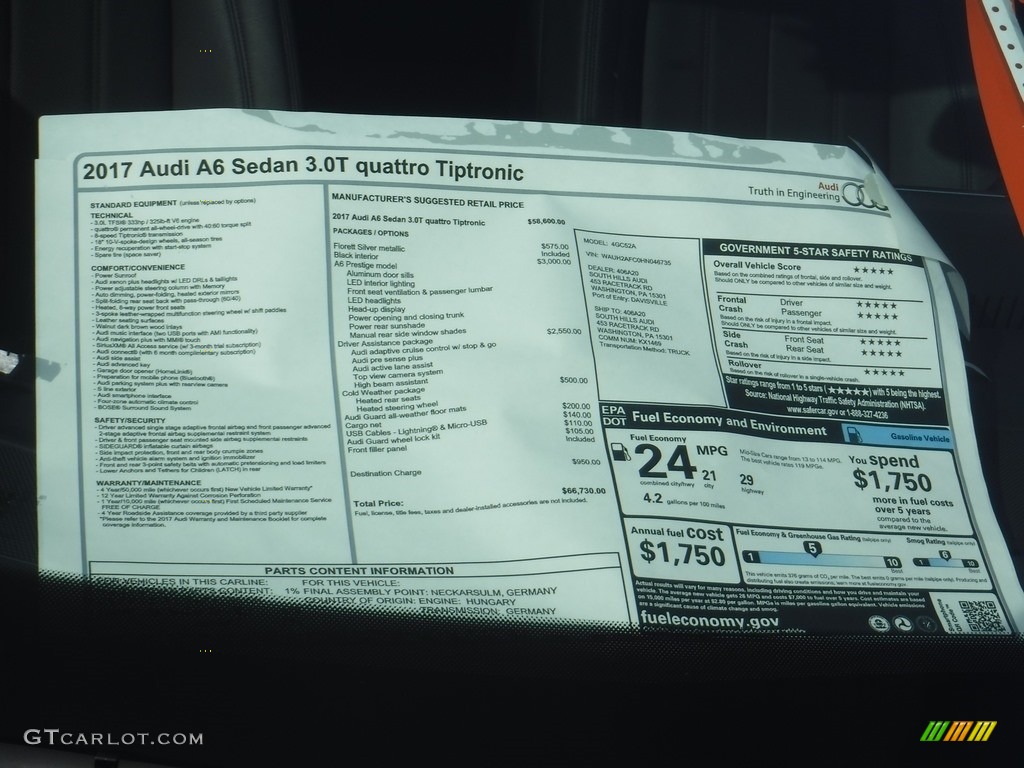 2017 Audi A6 3.0 TFSI Prestige quattro Window Sticker Photo #117197635