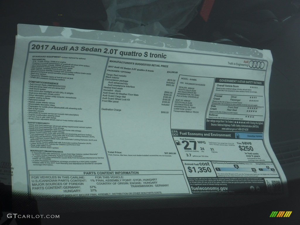 2017 Audi A3 2.0 Premium quttaro Window Sticker Photo #117198925