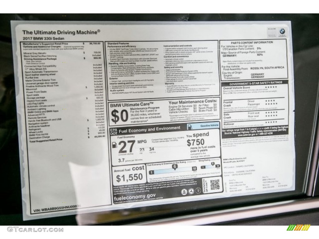 2017 3 Series 330i Sedan - Mineral Grey Metallic / Black photo #11