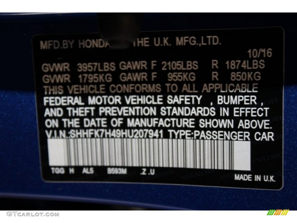 2017 Civic Color Code B593M for Aegean Blue Metallic Photo #117223879