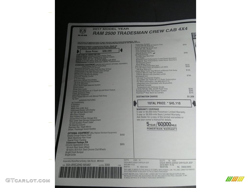 2017 Ram 2500 Tradesman Crew Cab 4x4 Window Sticker Photo #117253013
