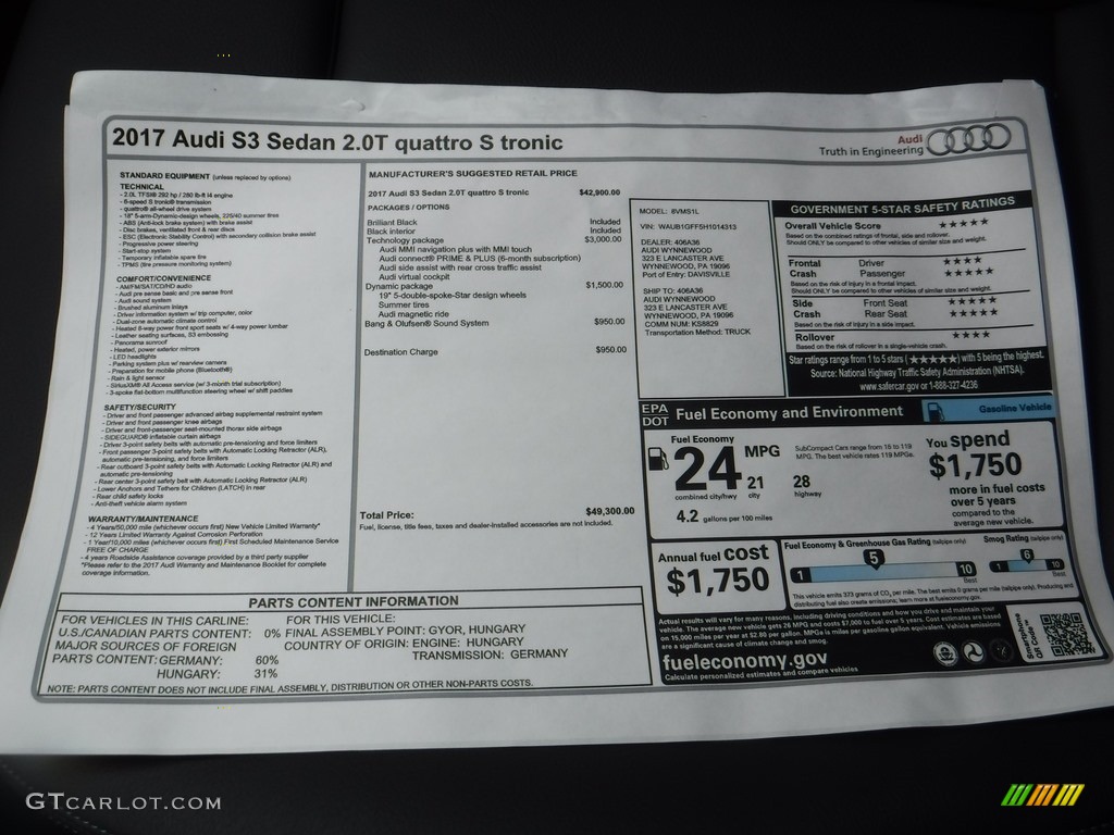 2017 Audi S3 2.0T Premium Plus quattro Window Sticker Photo #117268294