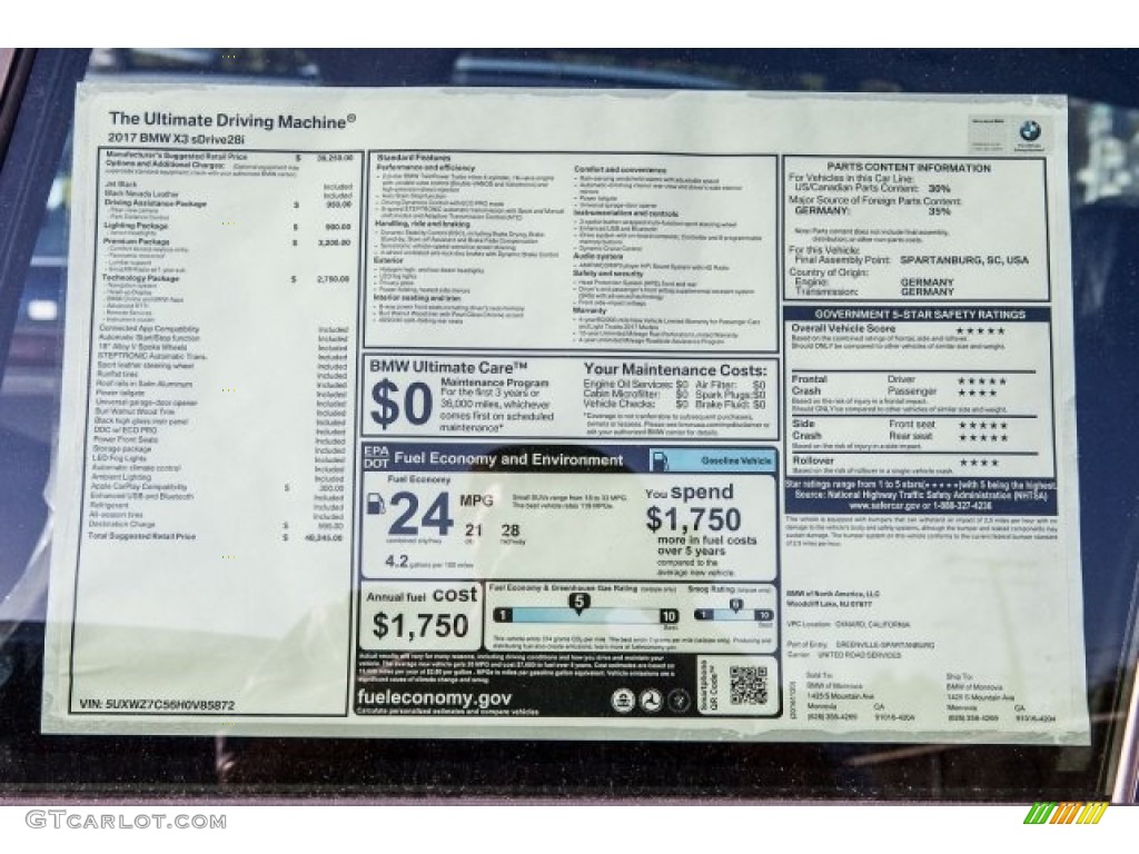 2017 BMW X3 sDrive28i Window Sticker Photo #117285913