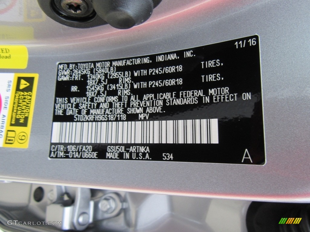 2016 Toyota Highlander LE Plus Color Code Photos