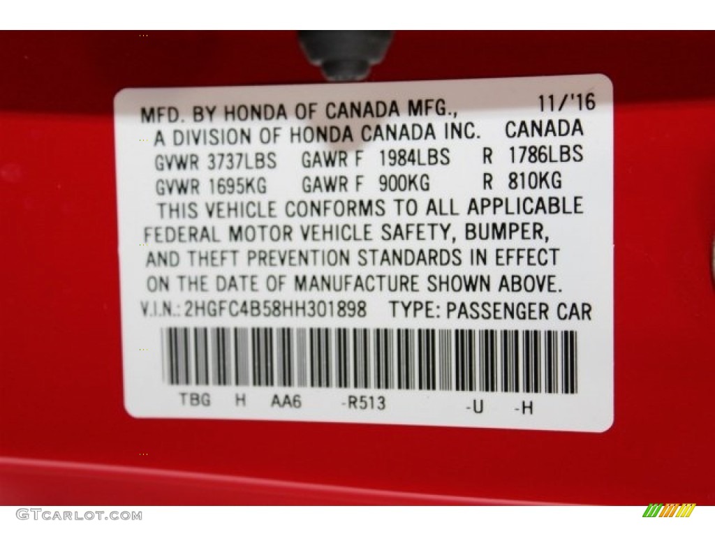 2017 Civic Color Code R513 for Rallye Red Photo #117295464