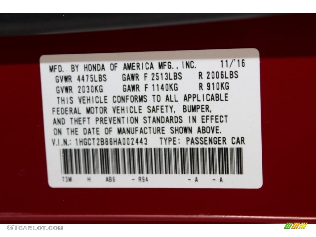 2017 Accord Color Code R94 for San Marino Red Photo #117297115