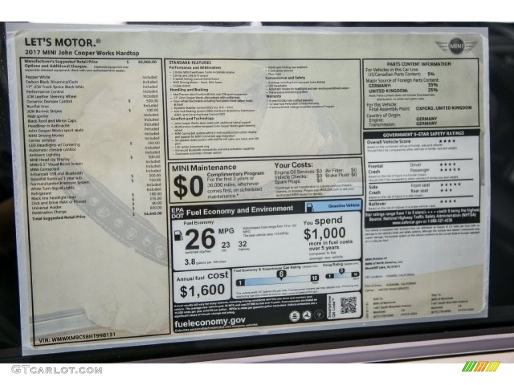 2017 Mini Hardtop John Cooperworks 2 Door Window Sticker Photo #117324475