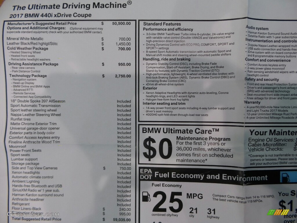 2017 BMW 4 Series 440i xDrive Coupe Window Sticker Photo #117336184
