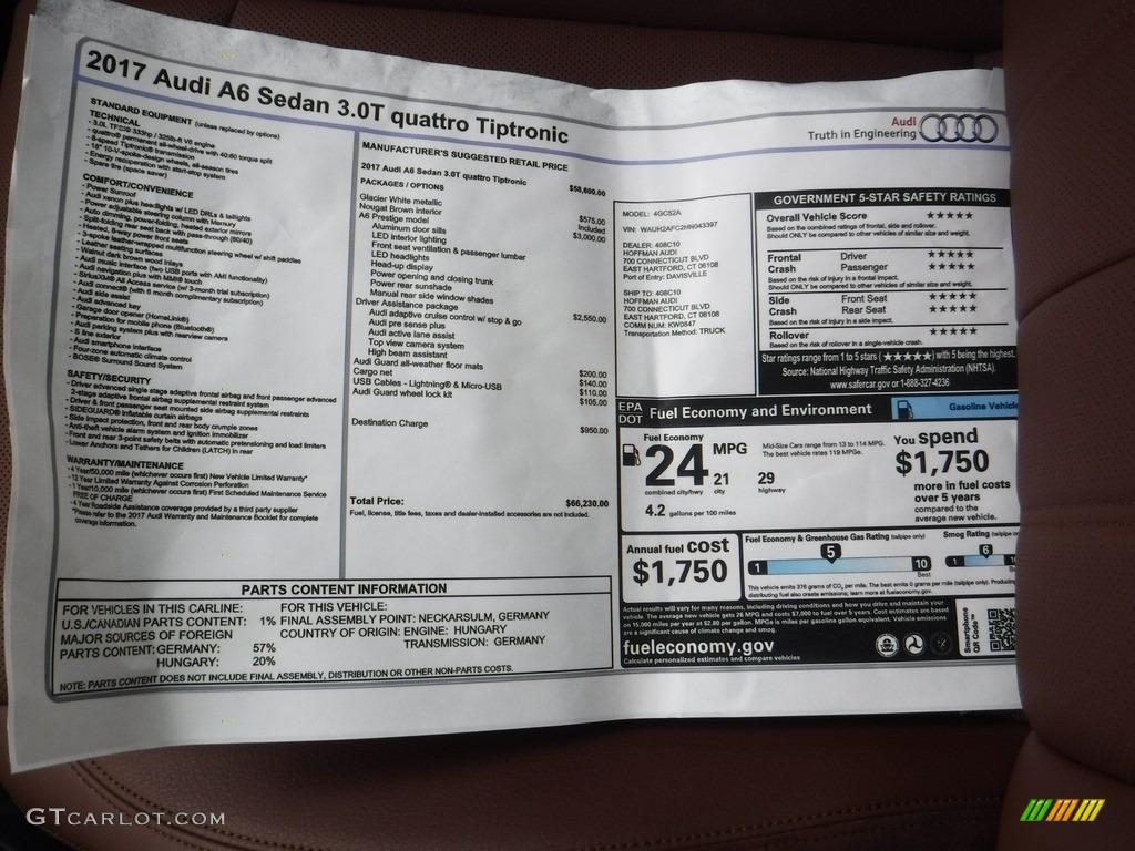 2017 Audi A6 3.0 TFSI Premium Plus quattro Window Sticker Photo #117341893