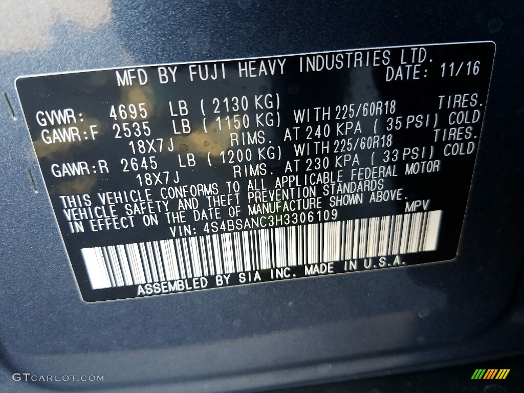 2017 Outback 2.5i Limited - Twilight Blue Metallic / Slate Black photo #10