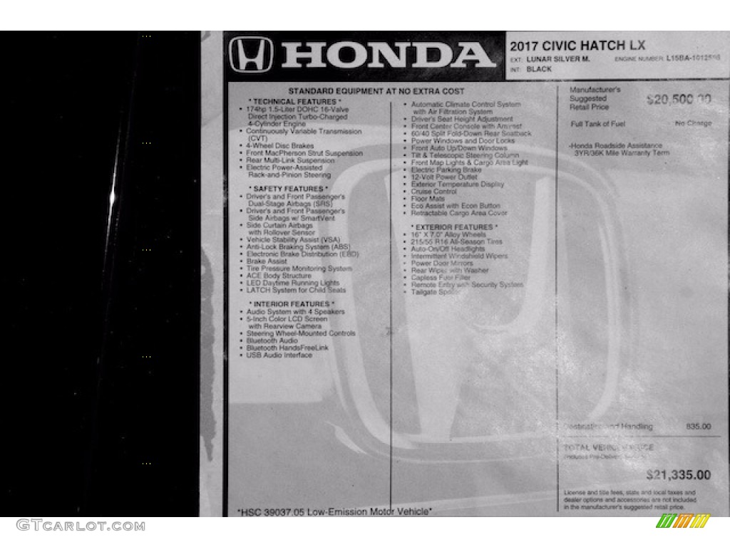 2017 Honda Civic LX Hatchback Window Sticker Photo #117357926