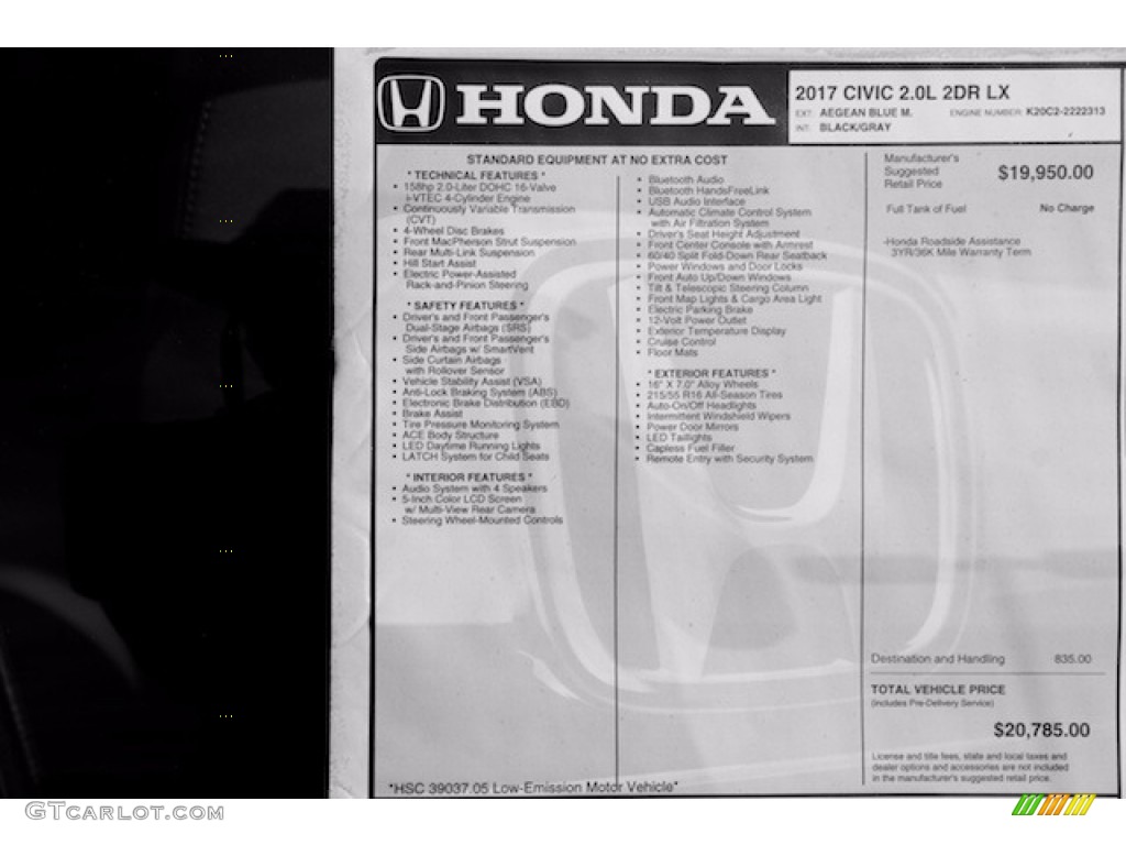 2017 Civic LX Coupe - Aegean Blue Metallic / Black/Gray photo #13