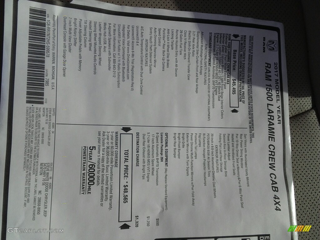 2017 1500 Laramie Crew Cab 4x4 - Pearl White / Canyon Brown/Light Frost Beige photo #22