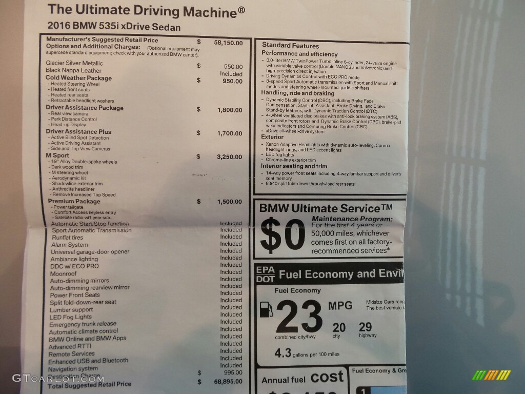 2016 BMW 5 Series 535i xDrive Sedan Window Sticker Photos