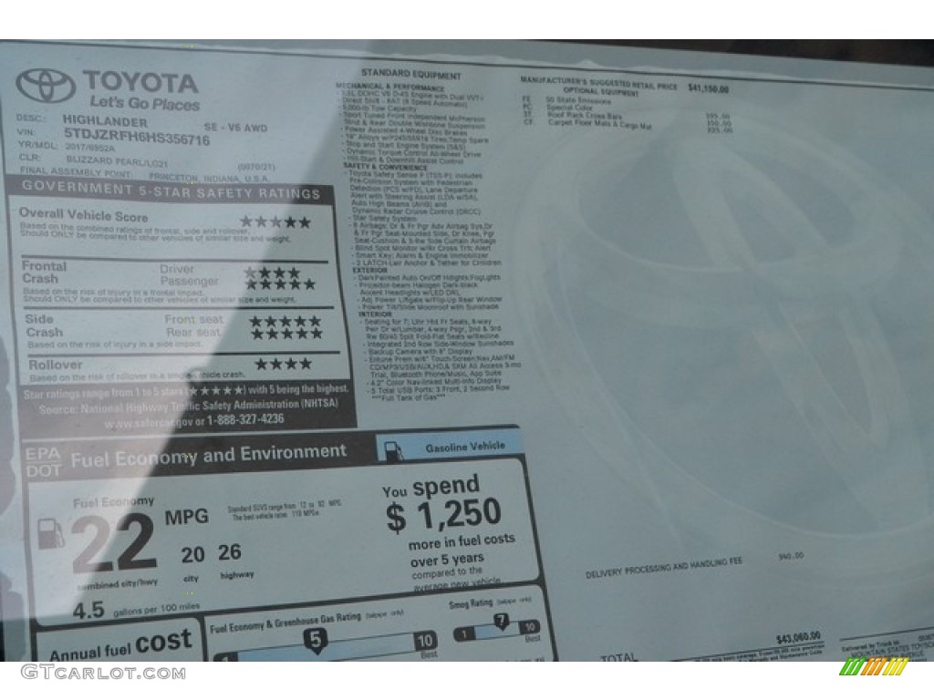 2017 Toyota Highlander SE AWD Window Sticker Photo #117428015