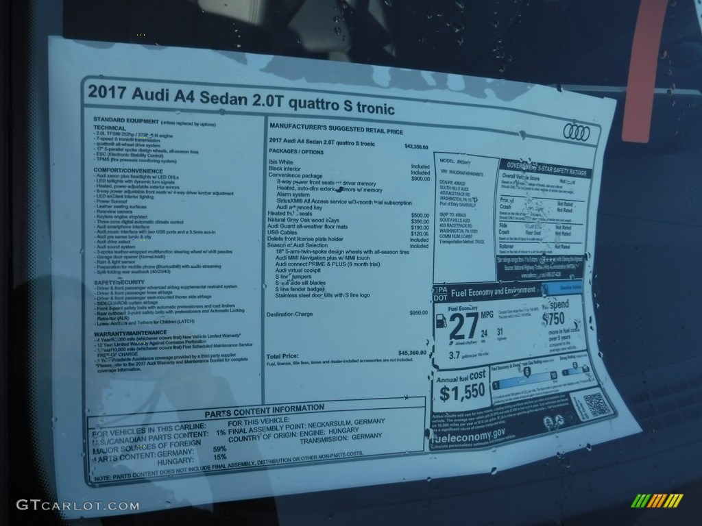 2017 Audi A4 2.0T Premium quattro Window Sticker Photo #117429779