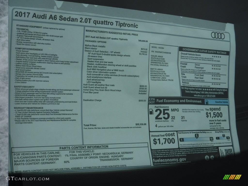 2017 Audi A6 2.0 TFSI Premium quattro Window Sticker Photo #117489233