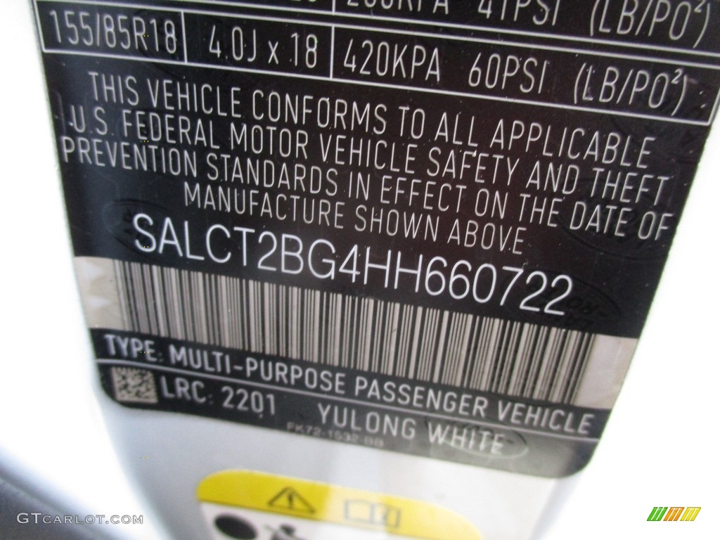 2017 Discovery Sport Color Code 2201 for Yulong White Metallic Photo #117515080