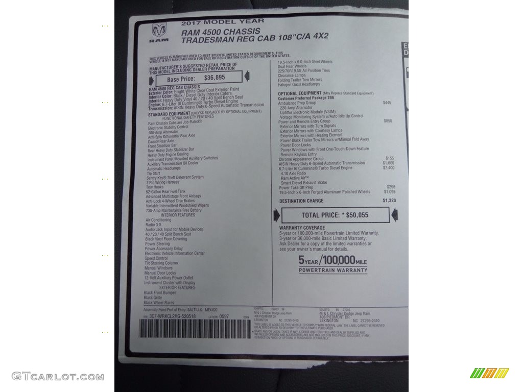 2017 Ram 4500 Tradesman Regular Cab Chassis Window Sticker Photo #117541460