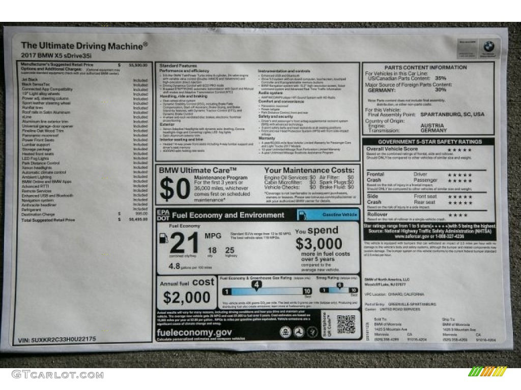 2017 BMW X5 sDrive35i Window Sticker Photo #117552473
