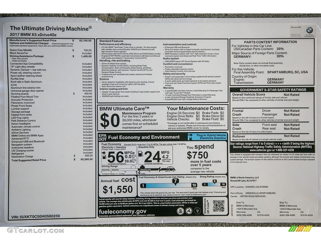 2017 BMW X5 xDrive40e iPerformance Window Sticker Photo #117583053
