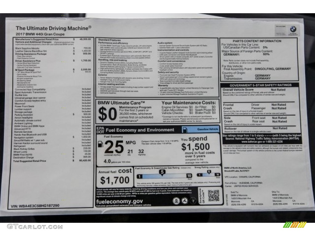 2017 BMW 4 Series 440i Gran Coupe Window Sticker Photo #117614505