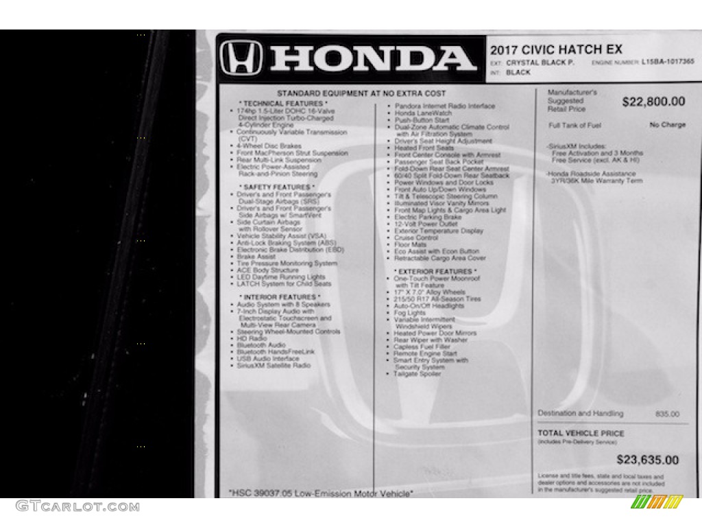 2017 Honda Civic EX Hatchback Window Sticker Photo #117633143