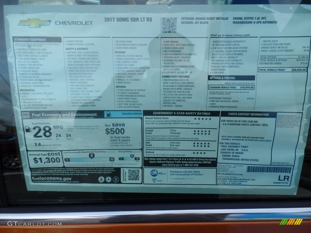 2017 Chevrolet Sonic LT Hatchback Window Sticker Photo #117676275