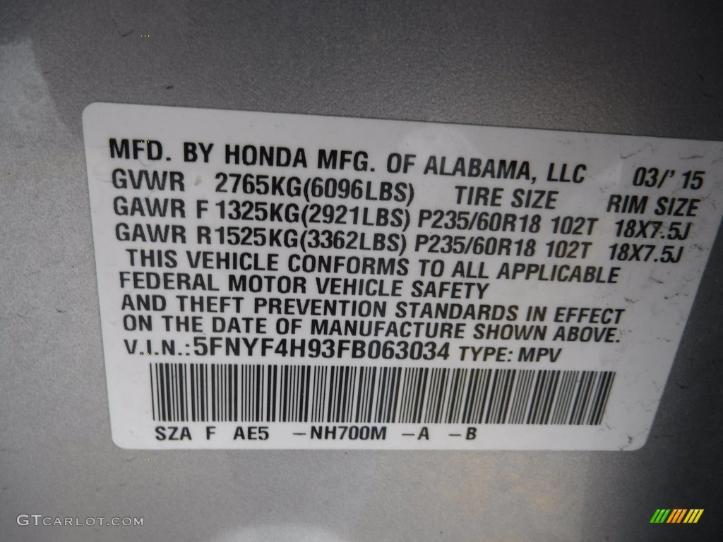 2015 Pilot Touring 4WD - Alabaster Silver Metallic / Black photo #32