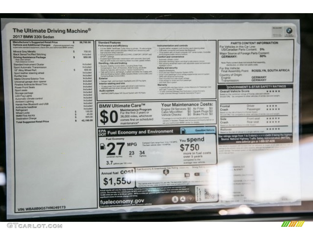 2017 3 Series 330i Sedan - Mineral Grey Metallic / Black photo #11