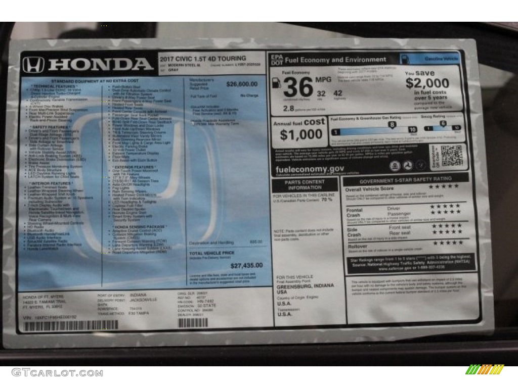 2017 Civic Touring Sedan - Modern Steel Metallic / Gray photo #30