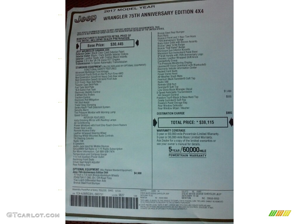 2017 Wrangler 75th Anniversary Edition 4x4 - Black / Black/Dark Saddle photo #22