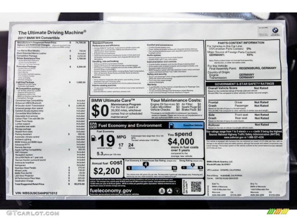 2017 BMW M4 Convertible Window Sticker Photo #117755241