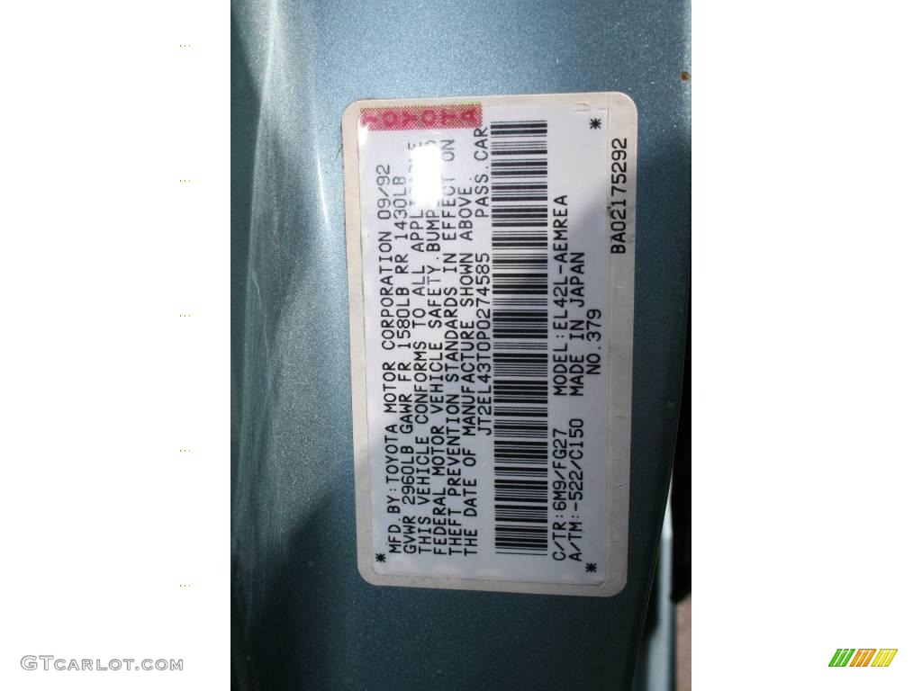 1993 Tercel DX Sedan - Light Green Metallic / Gray photo #9
