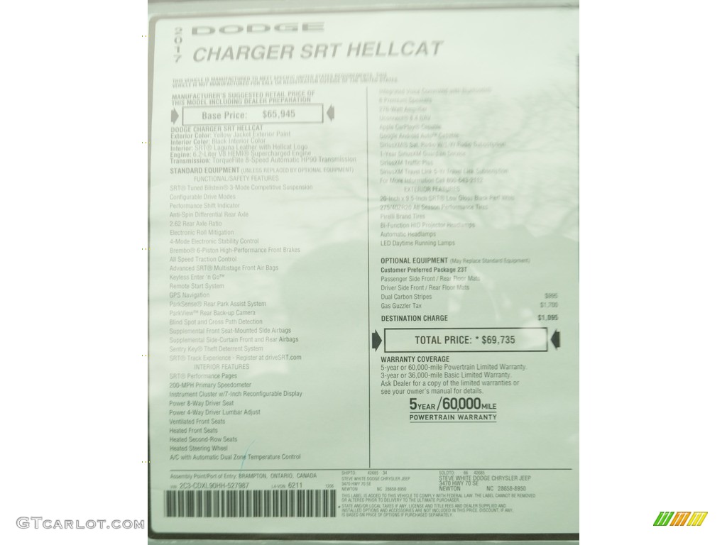 2017 Charger SRT Hellcat - Yellow Jacket / Black photo #33